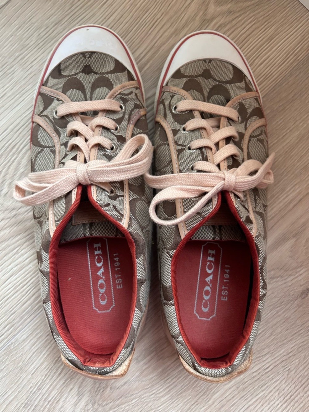 Coach Canvas Low-Top Sneakers in Tan, Pink & Red